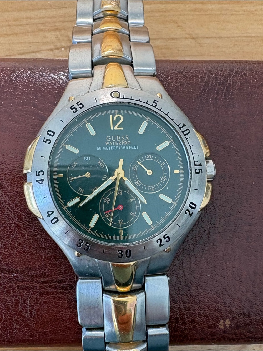 GUESS Two-Tone Men's Stainless Steel Watch in Silver and Gold with Green Dial